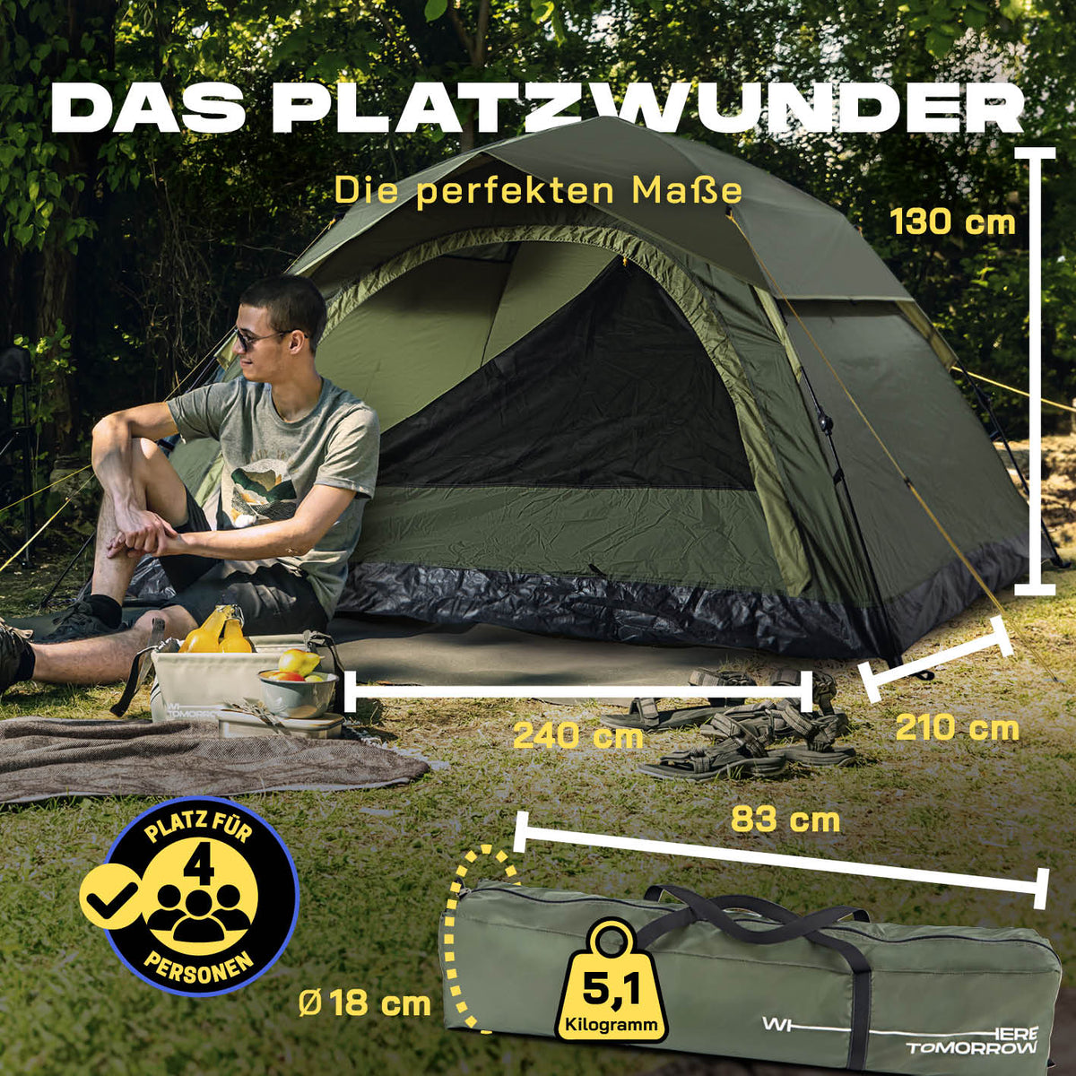 Pop-up-Wurfzelt für 4 Personen - grün mit schnellen Aufbau, wetterfest, kompakt und ideal für Outdoor, Camping, Strand oder Garten.