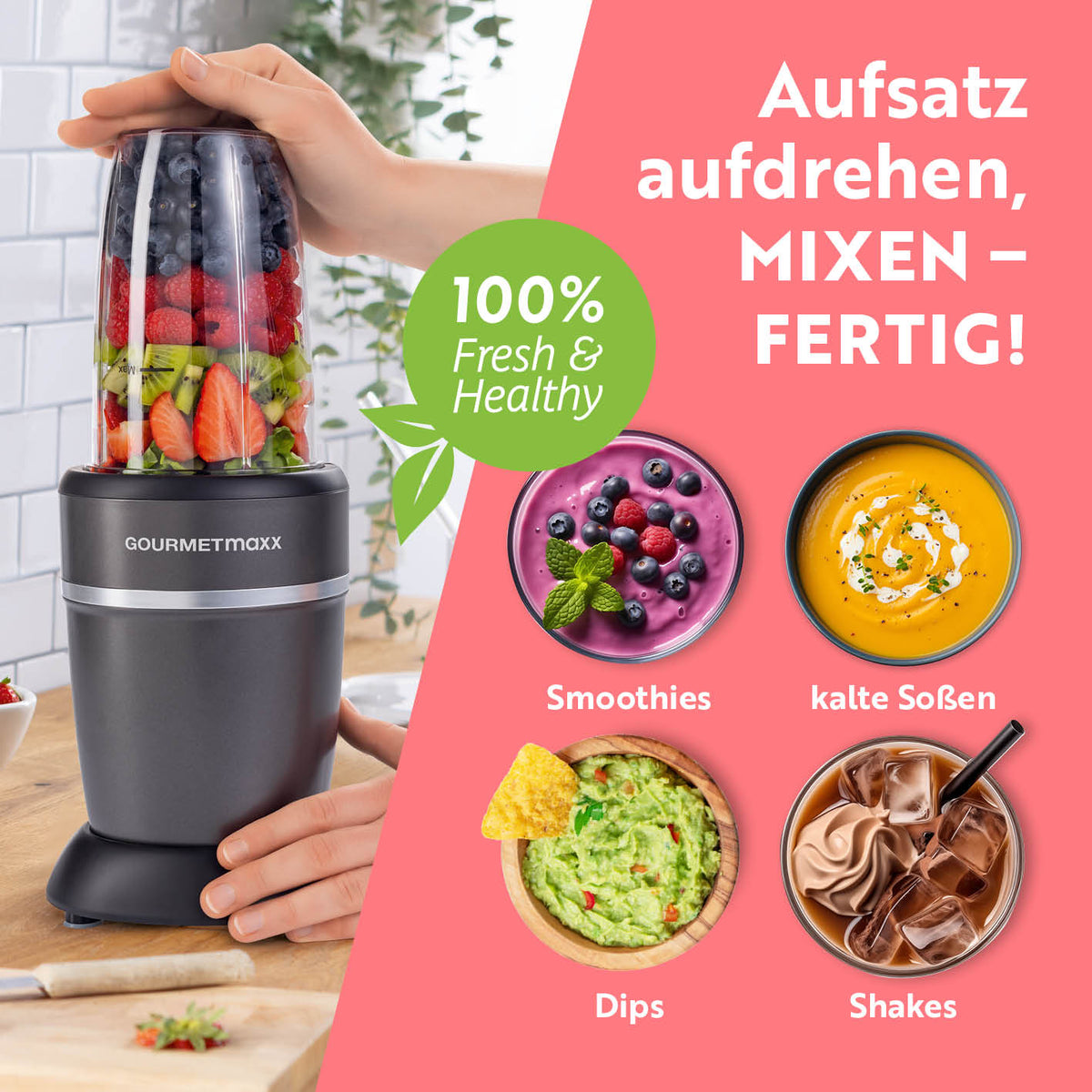 Nutrition Mixer Pro 1.000 mit Zubehörset L - Anthrazit/Schwarz zeigt einfache Zubereitung von Smoothies, Shakes, Dips und kalten Soßen.