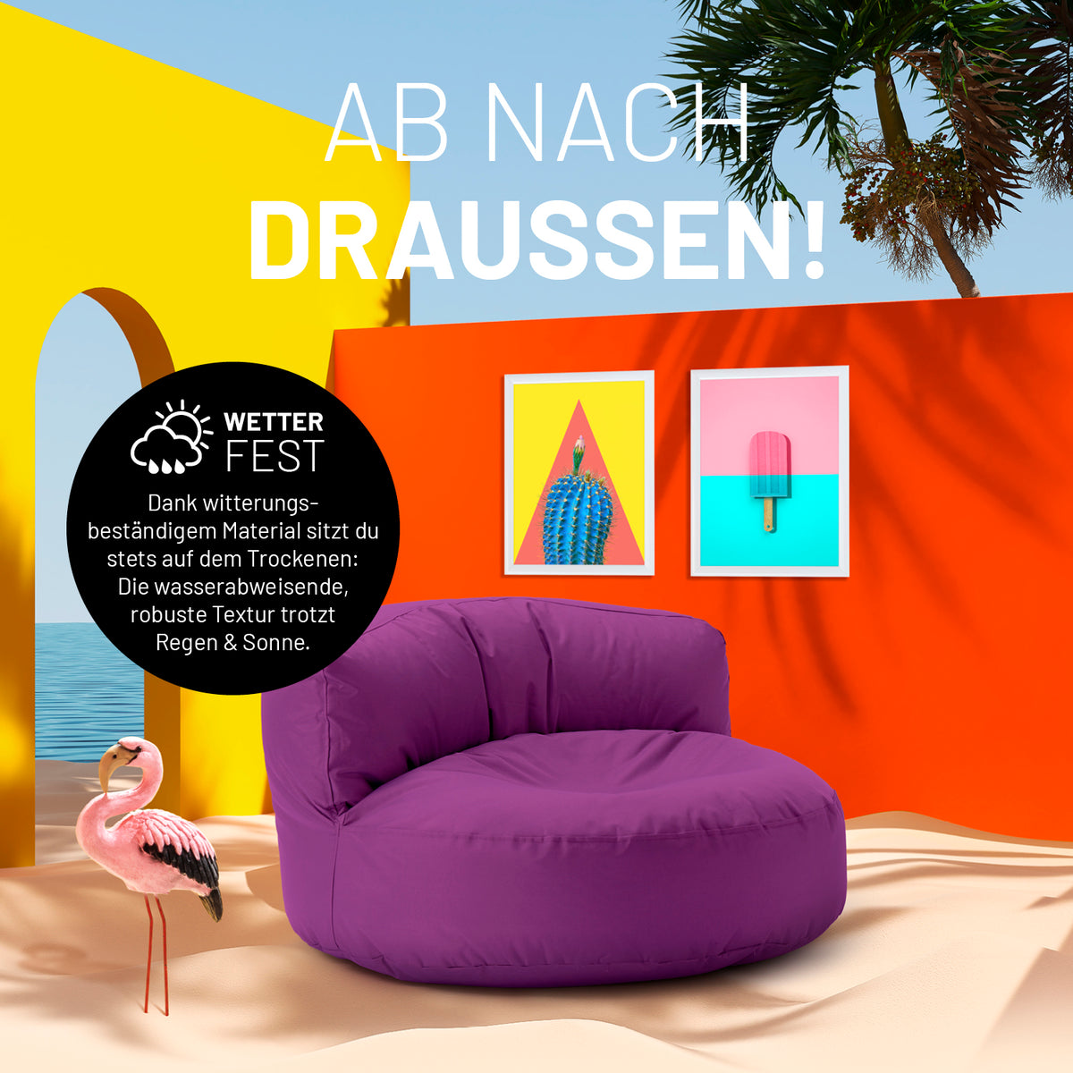 Sitzsack Lounge (320 L) in Lila, wetterfest und robust, ideal für stilvolles und gemütliches Chillen drinnen und draußen.