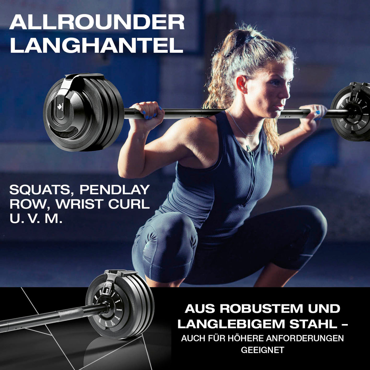 Multifunktionshantel von FitEngine – verstellbare Langhantel aus robustem Stahl für vielseitiges Training zu Hause.