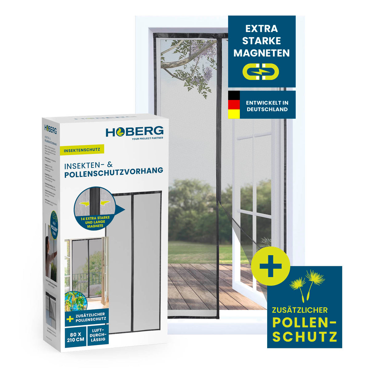 Insekten- & Pollenschutzvorhang – 80 x 210 cm mit 14 Magnetbändern, schützt vor Insekten und Pollen, luftdurchlässig, von HOBERG.
