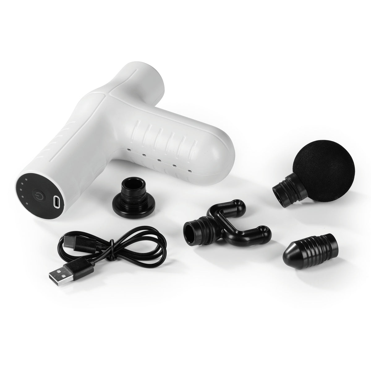 Mini Massage Gun Smart Grip - Weiß mit 4 Aufsätzen, USB-Ladekabel und ergonomischem Design für effektive Muskelmassage.