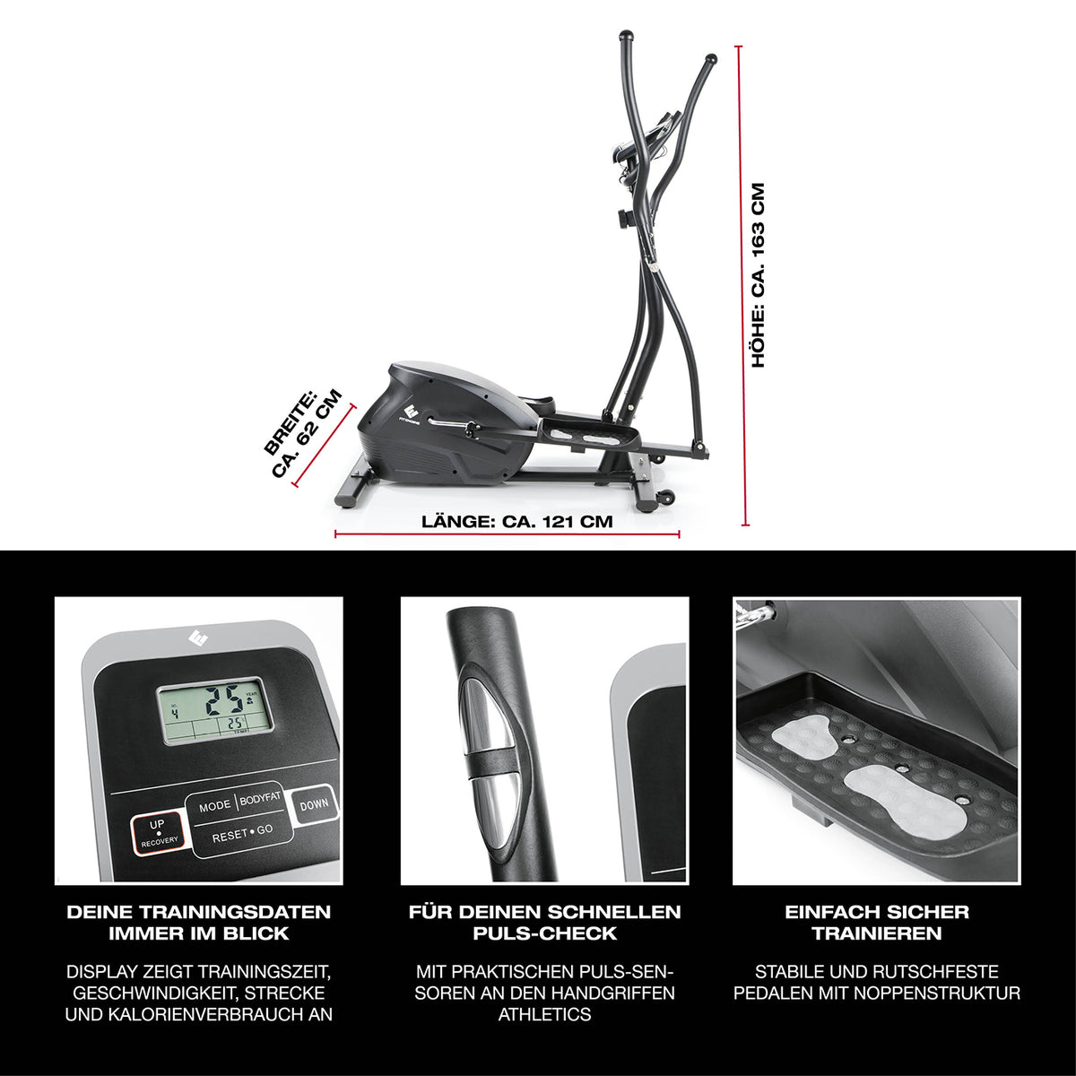Crosstrainer - belastbar bis 150 kg - 10 Schwierigkeitsstufen mit Pulssensoren, rutschfesten Pedalen und großem Display.