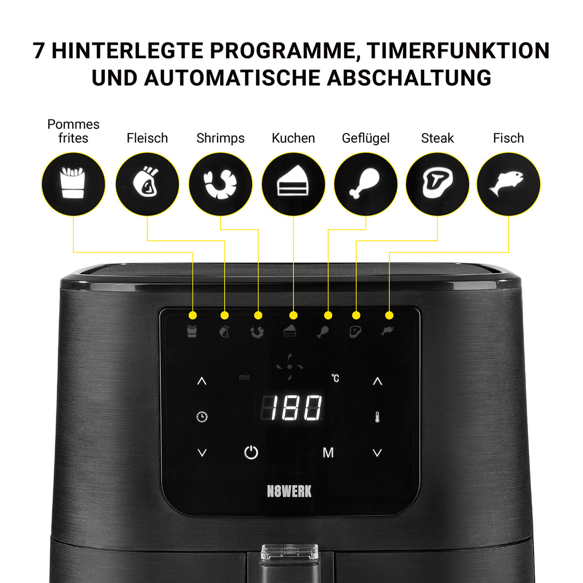 Heißluft-Fritteuse in der Midnight Edition mit digitalem Display und 7 Programmen für vielseitiges fettarmes Garen.