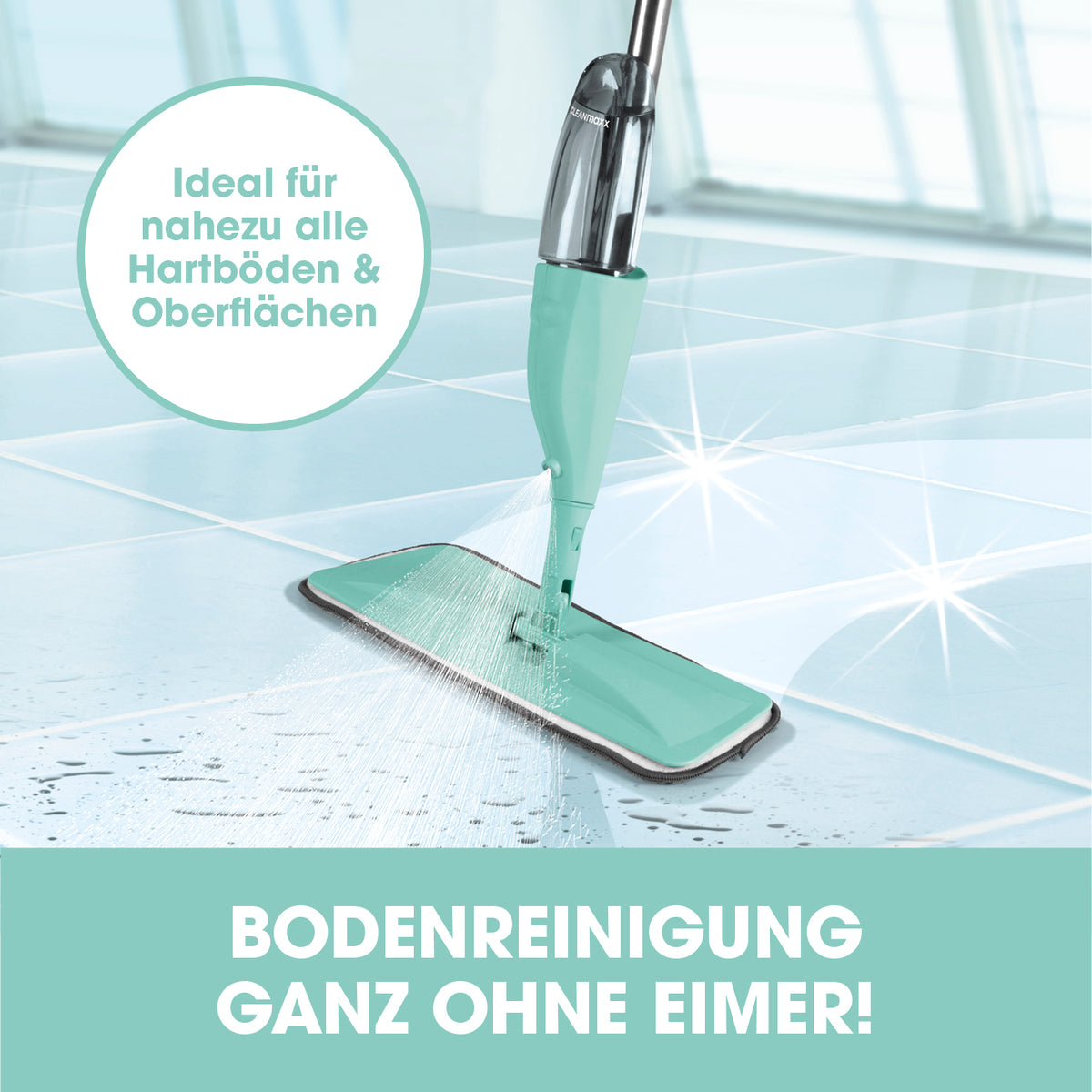 Spray-Mopp - 400 ml Wassertank - türkis mit Sprühfunktion für einfache, schonende Bodenreinigung ohne Wischeimer und übermäßige Feuchtigkeit.