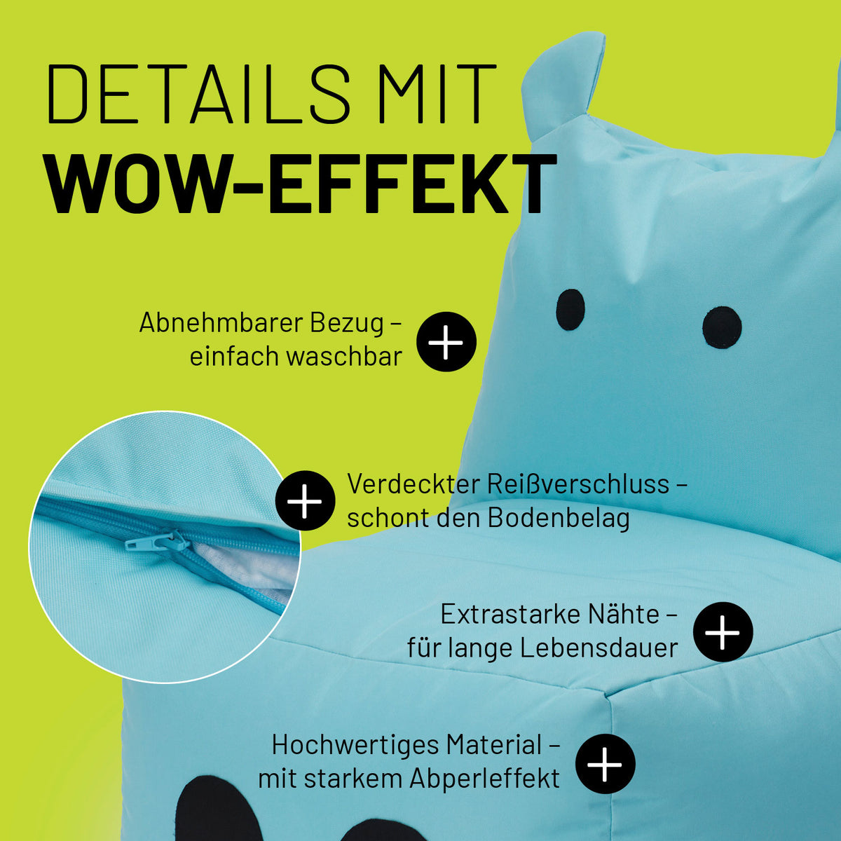 Kindersitzsack Animal Line Hippo (200 L) Türkis, wasserabweisend, abnehmbarer Bezug, verdeckter Reißverschluss, hochwertige Nähte, robust für indoor & outdoor.
