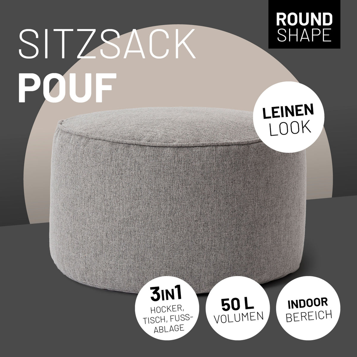 Comfort Line Sitzsack-Hocker/Pouf (50 L) in Hellgrau, indoor, 3in1 Fußablage, Tisch und Hocker mit Leinen Look, 50 Liter Volumen.
