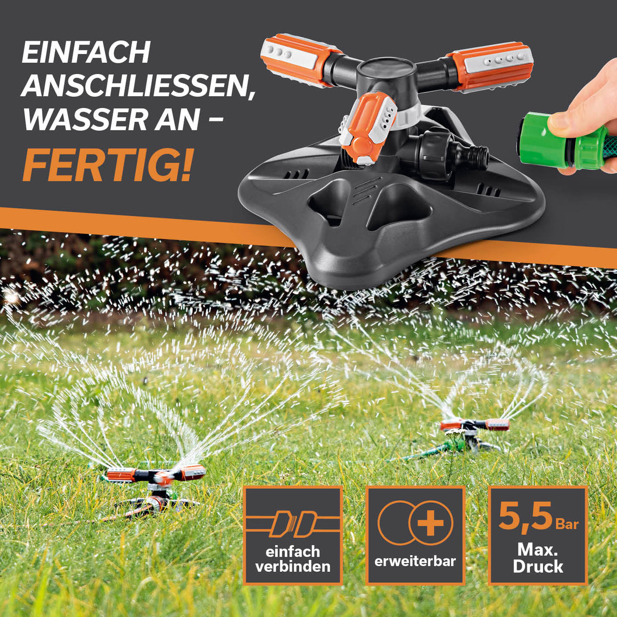 360°-Gartensprinkler - 2er-Set mit 3 rotierenden Sprüharmen, einstellbarer Bewässerung und 2 m PVC-Schlauch für bis zu 150 m² Fläche.