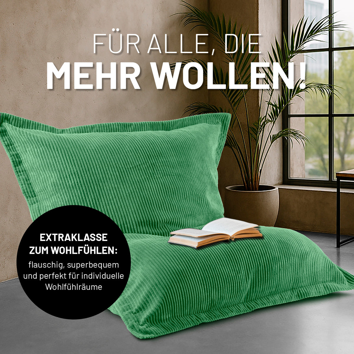 Sitzsack Classic XXL aus der LUMALAND Cord-Reihe 380 L Dunkelgrün mit weichem Cordbezug, 140 x 180 cm, perfekt für komfortable Wohnräume.