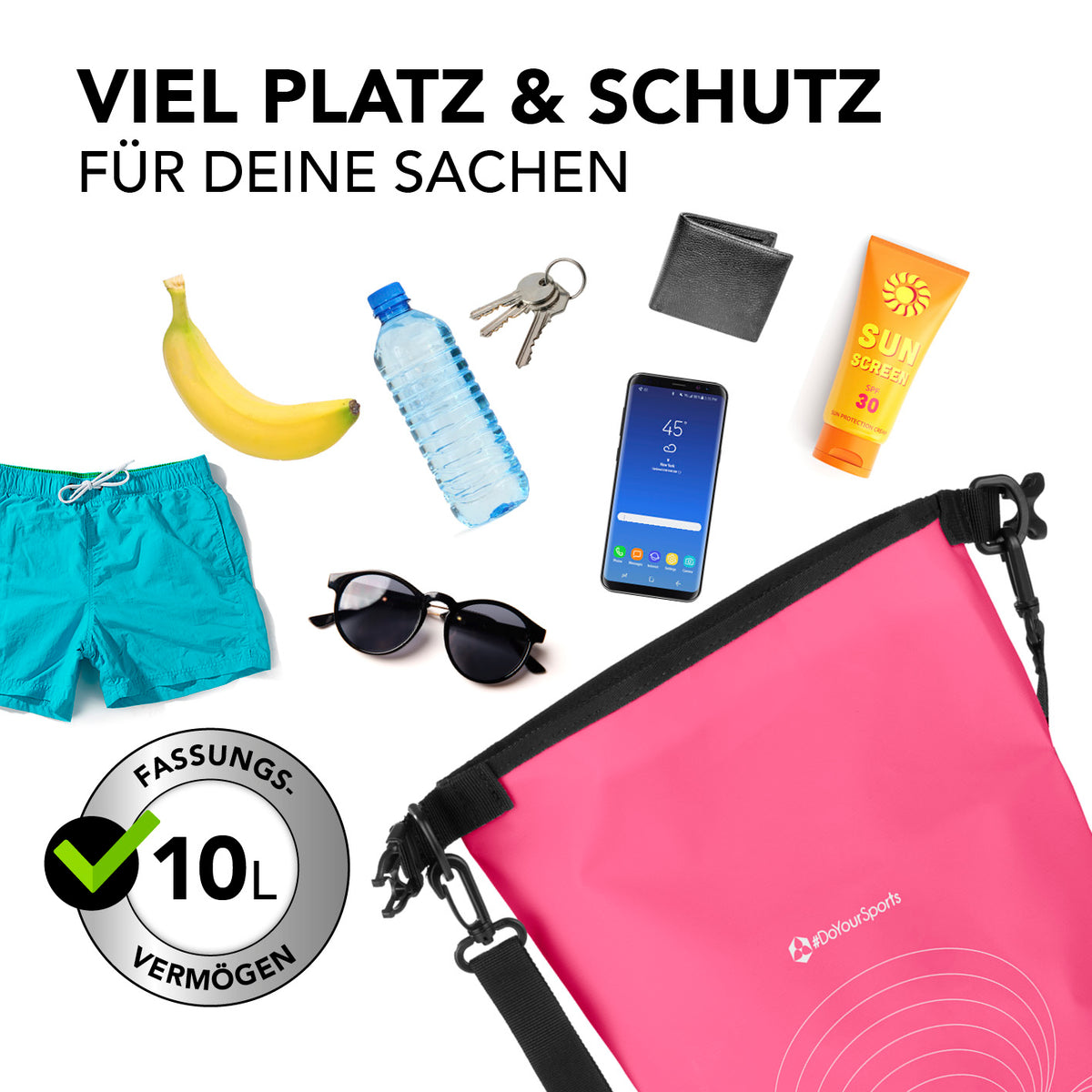 Dry Bag 10L - Pink, wasserdichter, robuster Outdoor-Rucksack mit verstellbarem Gurt und großem Fassungsvermögen für sicheres Verstauen.