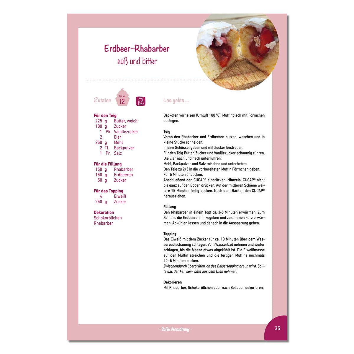 CuCap Backbuch für Cupcakes, Muffins & Mehr mit Rezeptseite für Erdbeer-Rhabarber Muffins, 40 Rezepte, Softcover, 76 Seiten.