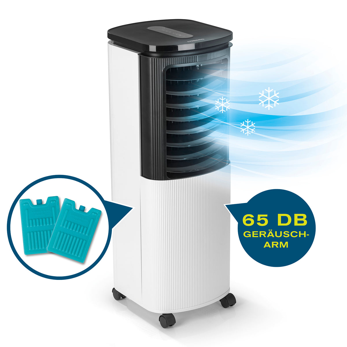 Luftkühler mit Peltier-Element mit 2 Kühlakkus, 65 dB leise, 4 Stufen, Schlafmodus und LED-Touch-Display für erfrischende Luft.