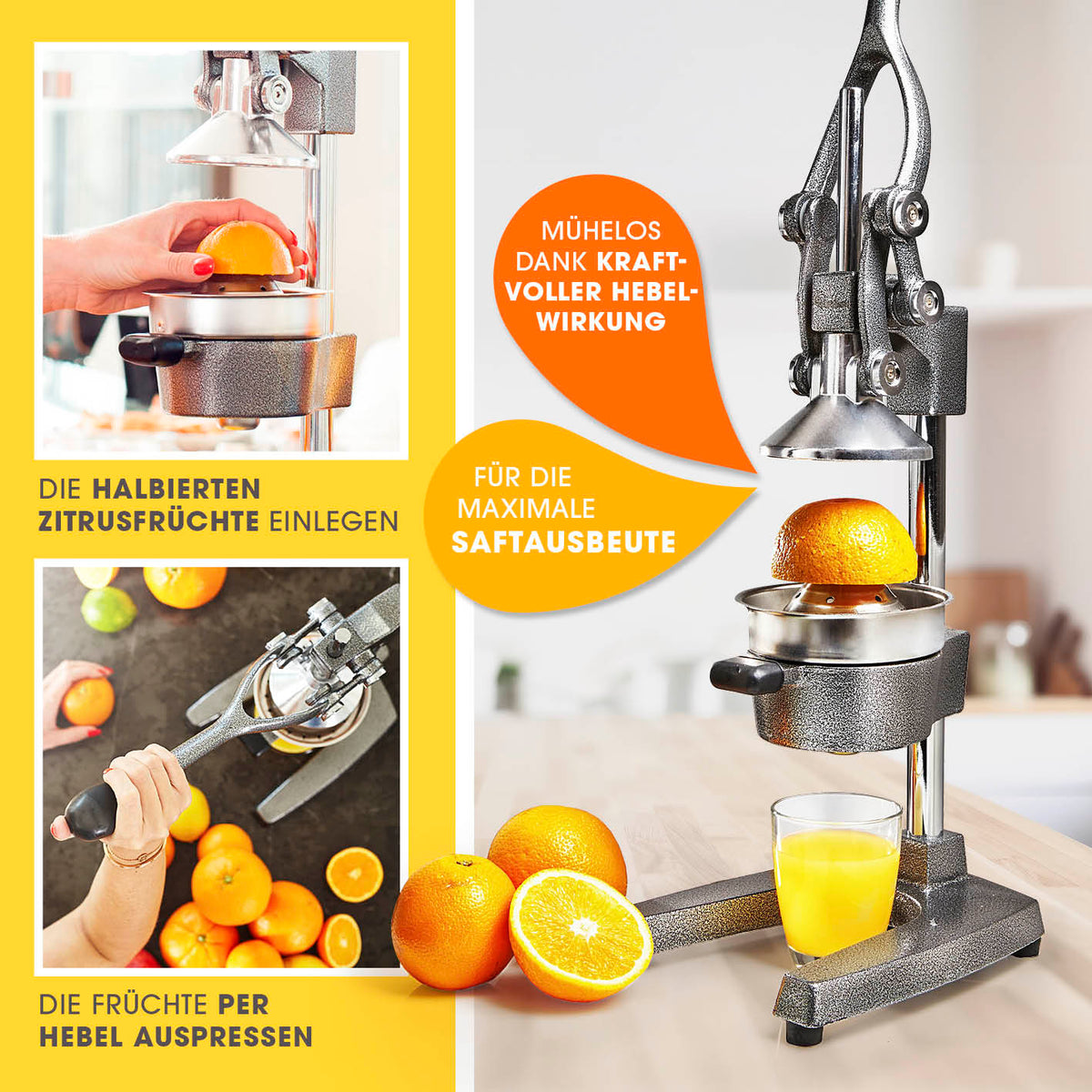 Manuelle Saftpresse + Orangenständer - Silber mit Hebel für maximale Saftausbeute, robust und stilvoll für Zitronen, Orangen und Limetten.