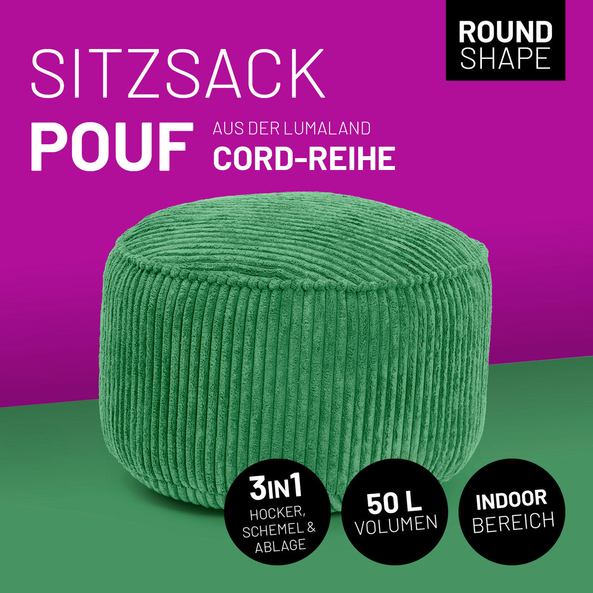 Sitzsack Pouf aus der Cord-Reihe - Dunkelgrün als vielseitiger 3in1 Hocker, Schemel und Ablage mit robustem, waschbarem Cordbezug.