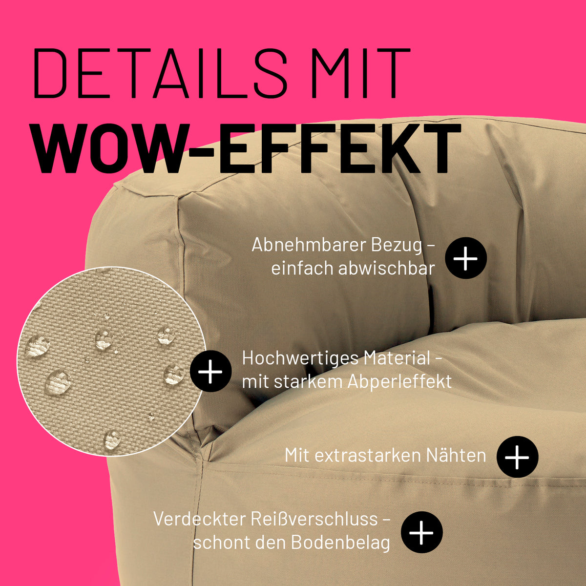 Sitzsack Lounge (320 L) beige mit abnehmbarem Bezug, starkem Abperleffekt, extrastarken Nähten und verdecktem Reißverschluss.