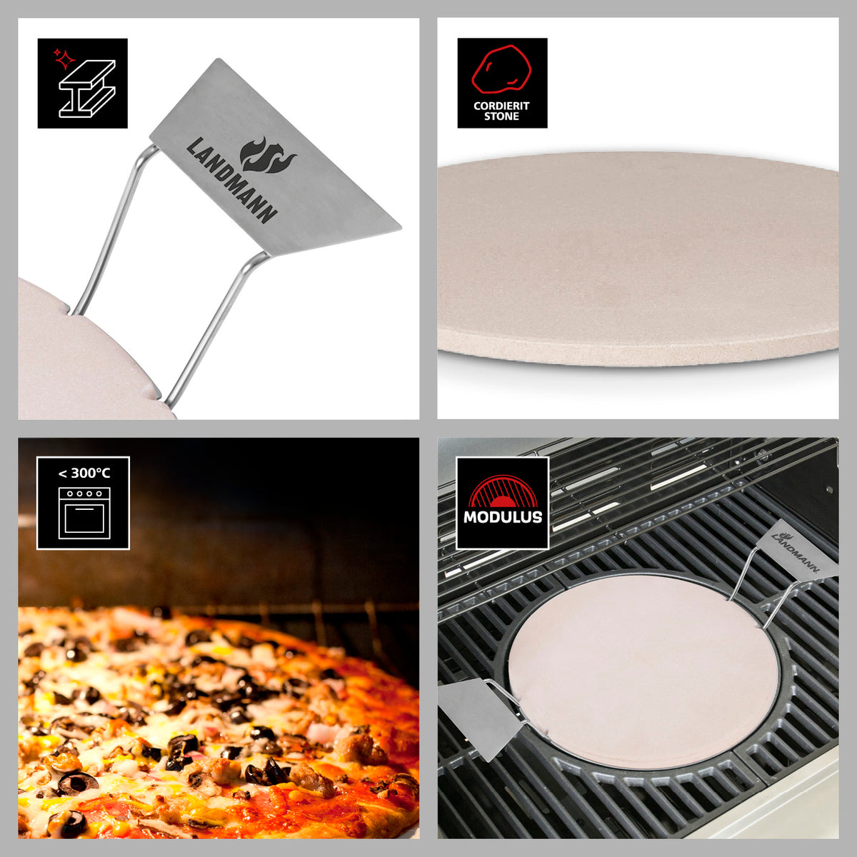 Pizzastein aus Cordierit mit Edelstahleinsatz und Griffen, perfekt für Gasgrills, Holzkohlegrills und Backöfen.