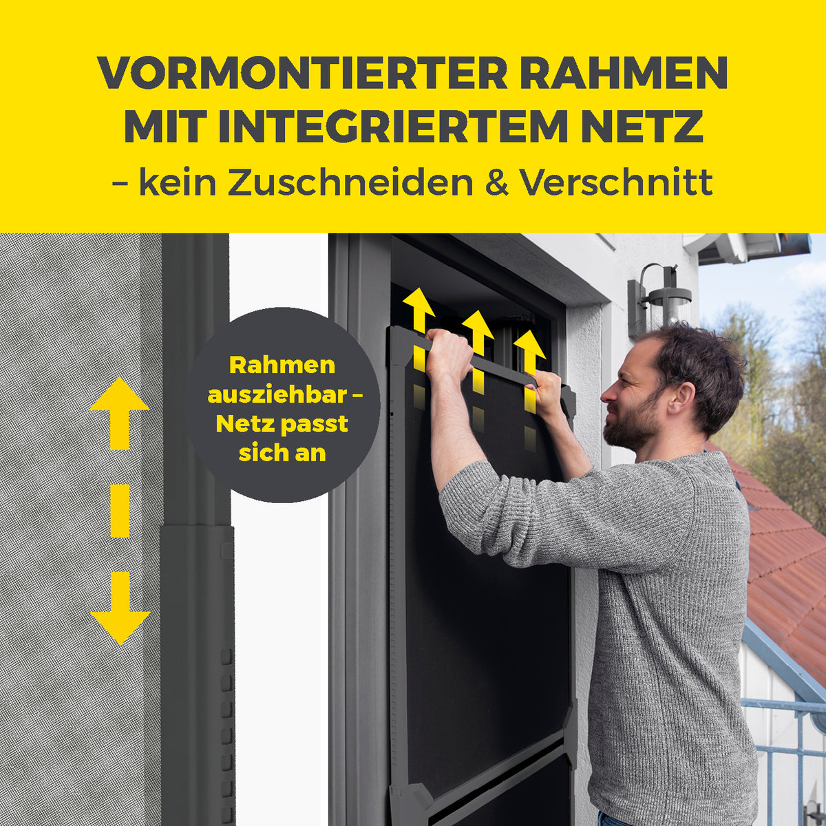 Mann montiert Teleskop-Insektenschutzgitter Schwingtür – Grau mit ausziehbarem Rahmen und integriertem Netz ohne Zuschneiden.