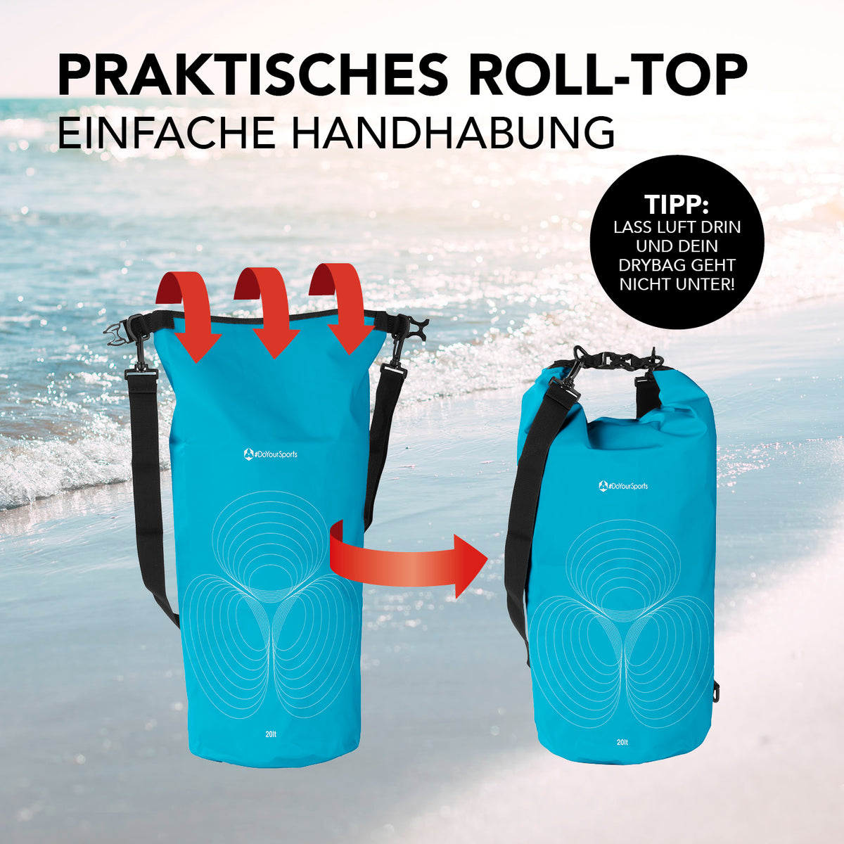 Dry Bag 20L - Himmelblau mit praktischem wasserdichtem Rolltop-Verschluss und verstellbarem Schultergurt für Outdoor-Abenteuer.