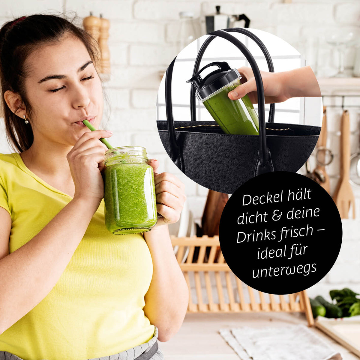 Frau trinkt grünen Smoothie, zeigt auslaufsicheren Deckel des Mr. Magic Power 400 Pro mit Zubehörset XL - Anthrazit/Schwarz.