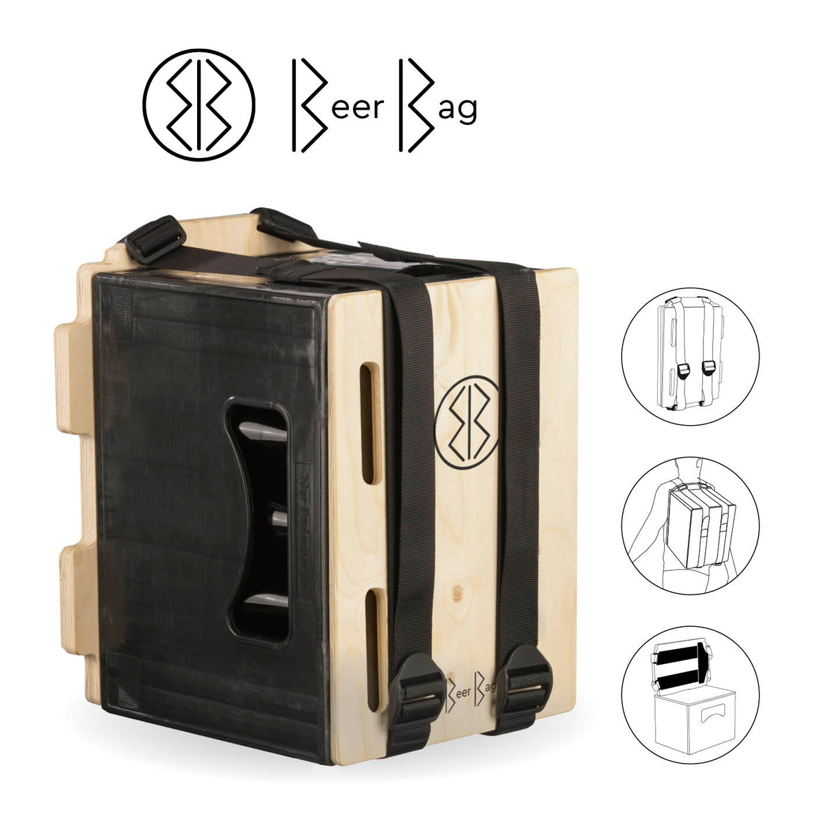 Das clevere Tragesystem für Bierkästen BeerBag als flexibler Rucksack und Hocker mit breiten Tragegurten und Rückenpolsterung.