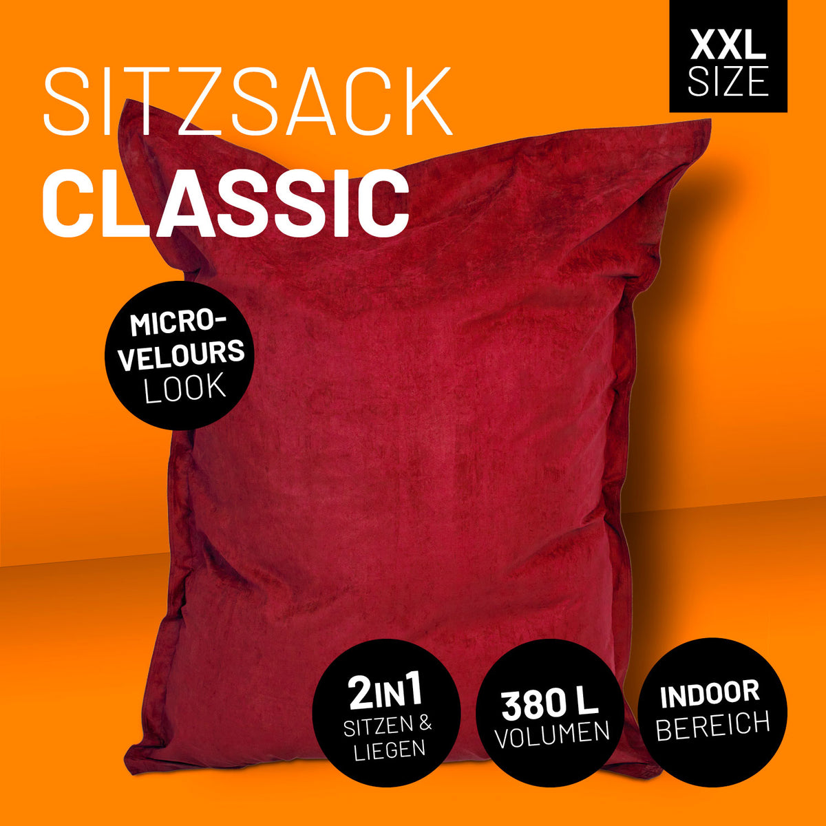 XXL Microvelours Sitzsack (380 L) - roter, wasserfester Riesensitzsack für Indoor mit 2in1 Sitz- und Liegefunktion.