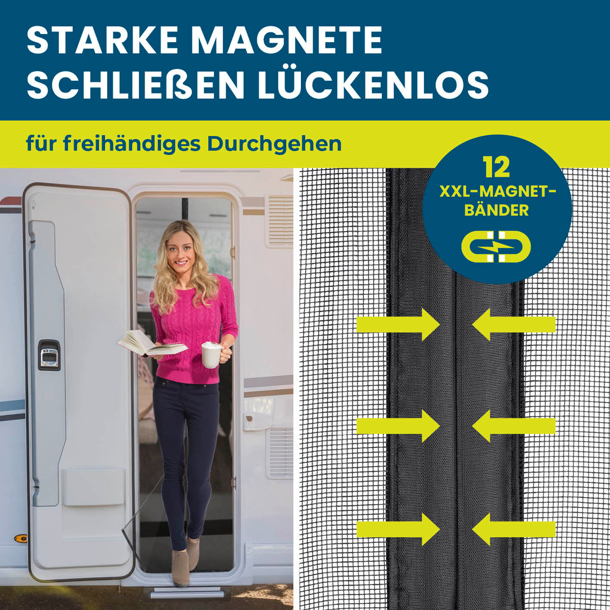 Insekten- & Pollenschutzvorhang für Wohnwagen 60x195 cm mit starken Magnetbändern für sicheren Insektenschutz beim Camping.