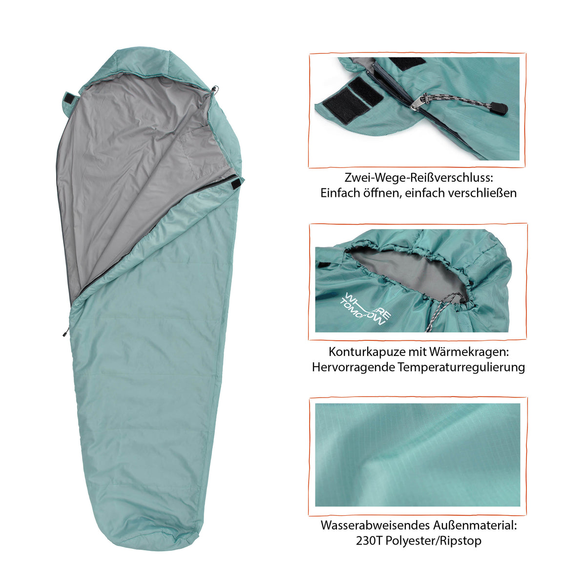 Camping Schlafsack Small & Light - Mumienschlafsack hellblau mit wasserabweisendem Material, Konturkapuze und Zwei-Wege-Reißverschluss.