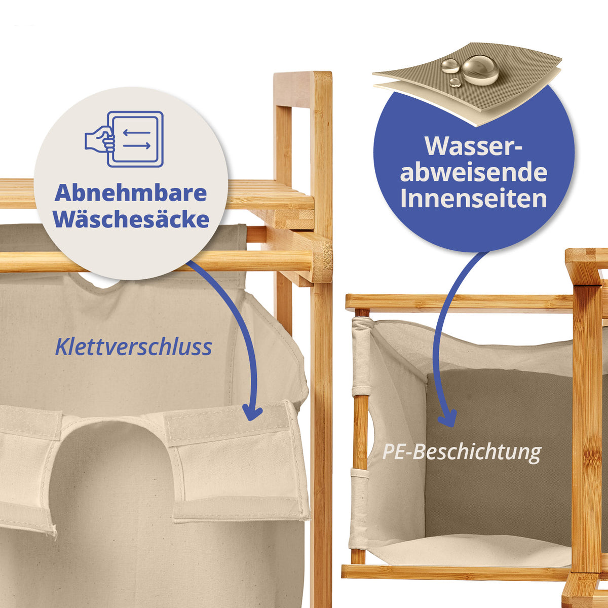 Bambus Wäschekorb mit ausziehbarem Wäschesack - 33 x 33 x 73 cm, beige, abnehmbar und wasserabweisend, mit Klettverschluss.
