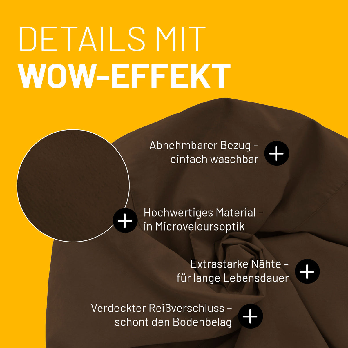 Luxury XL Sitzsack (120 L) Braun mit abnehmbarem Bezug, Microveloursoptik, extrastarken Nähten und verdecktem Reißverschluss von Lumaland.