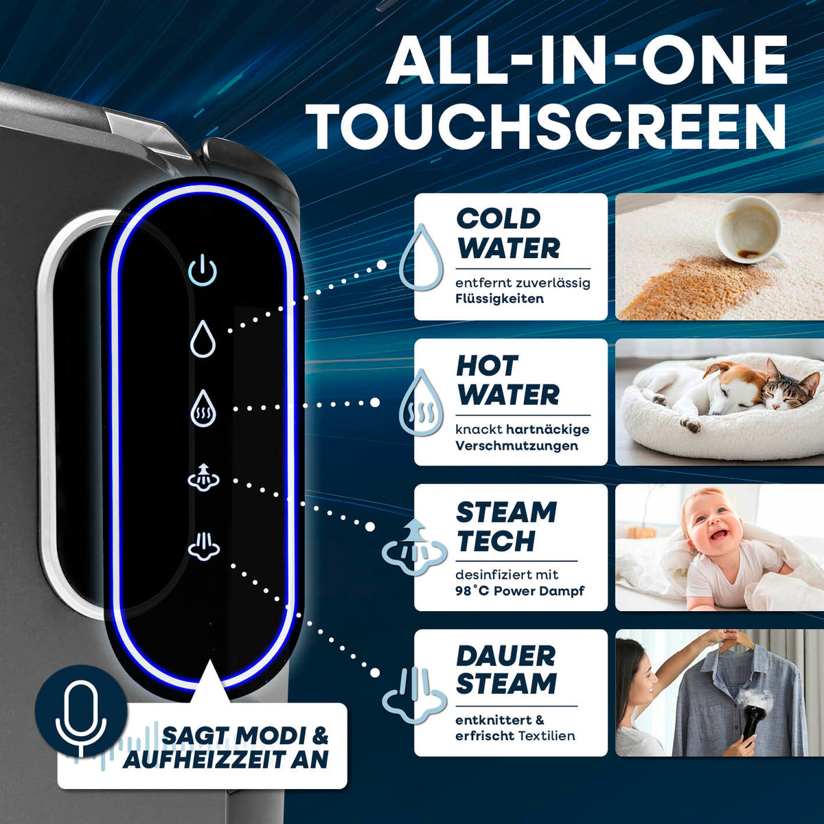Polster- & Teppichreiniger Pro Steam mit Touchdisplay entfernt Flecken, desinfiziert und reinigt Teppiche, Polster und Textilien gründlich.