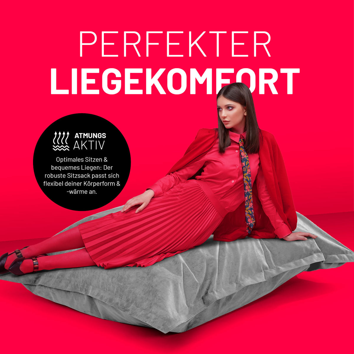 XXL Microvelours Sitzsack (380 L) Grau mit perfektem Liegekomfort, atmungsaktiv und flexibel anpassbar an die Körperform.