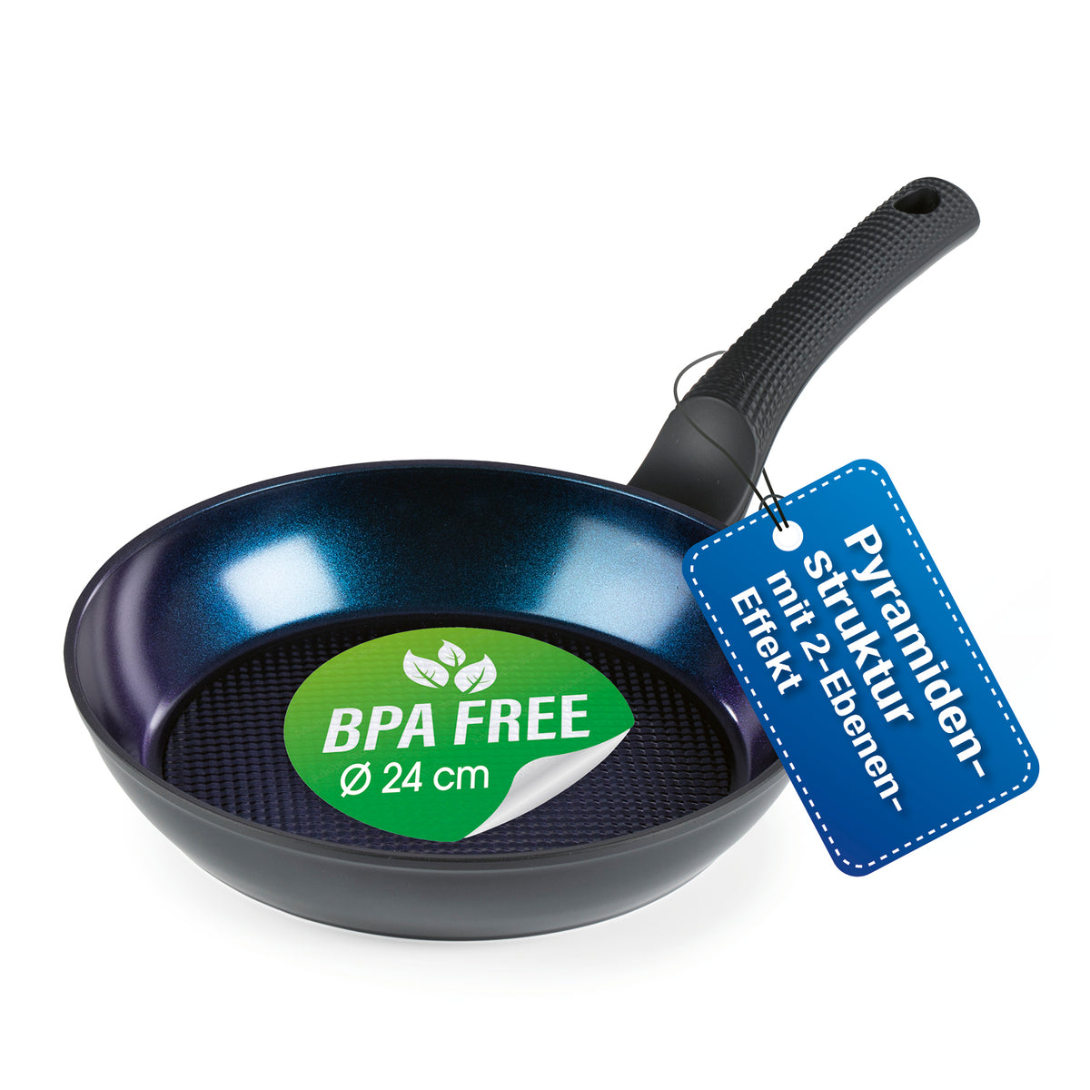 Aluminium-Bratpfanne Ø 24 cm mit Antihaftbeschichtung, pyramidenförmigem Boden und BPA-freiem Material für alle Herdarten.