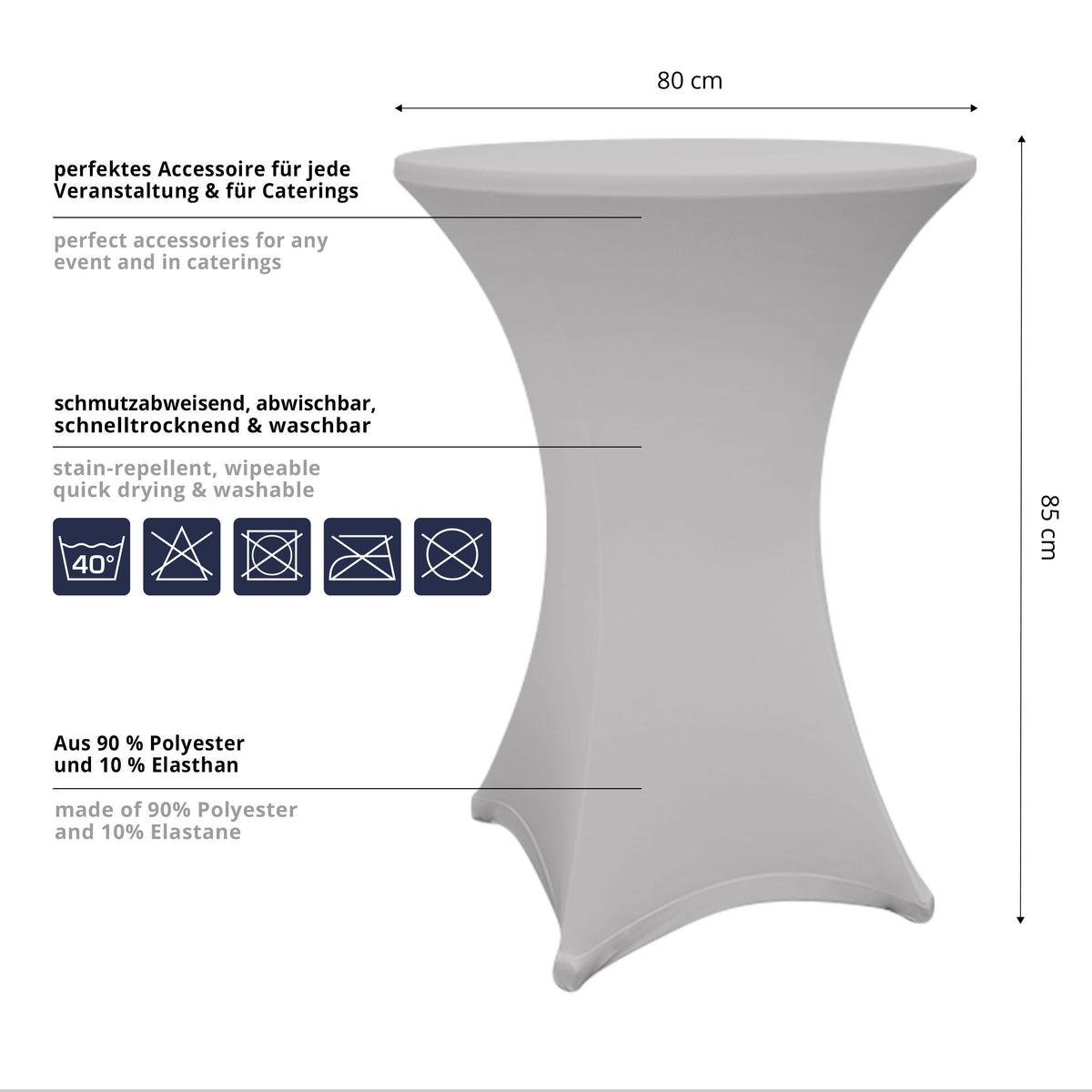 Stehtischhusse Ø 80-85 cm silbergrau, schmutzabweisend, waschbar bei 40°C, aus 90% Polyester und 10% Elasthan, 10er-Set.