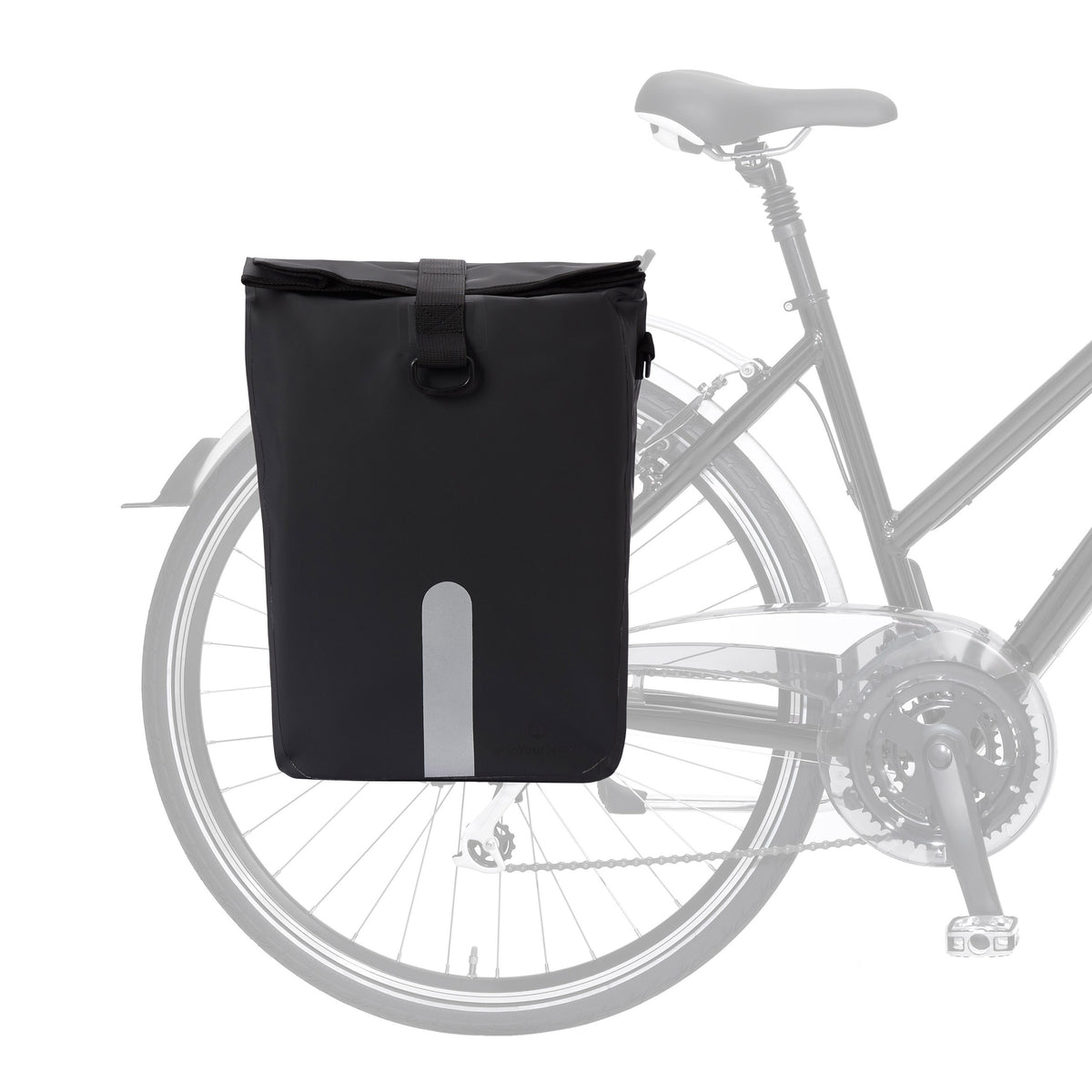 Wasserdichte Fahrradtasche Roll-Top - 21 L - Schwarz mit reflektierendem Streifen, vielseitig als Tasche und robust für jedes Wetter.