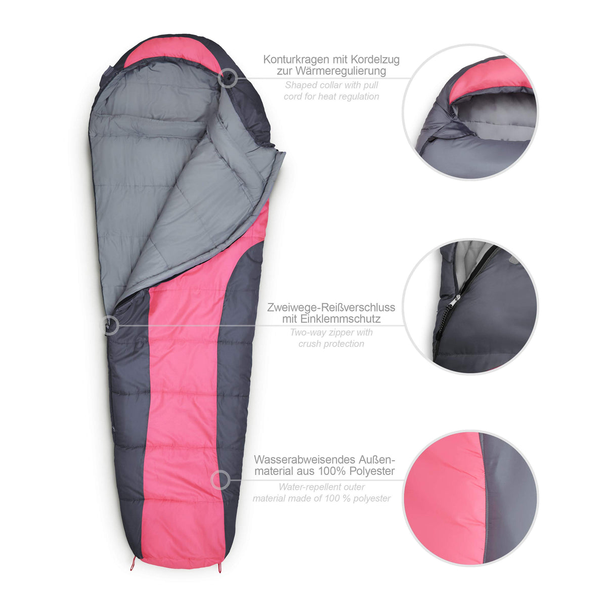 Camping Schlafsack Classic - Mumienschlafsack mit Tasche, wasserabweisend, mit Kordelzug-Kragen, 230 x 80 x 55 cm, pink.