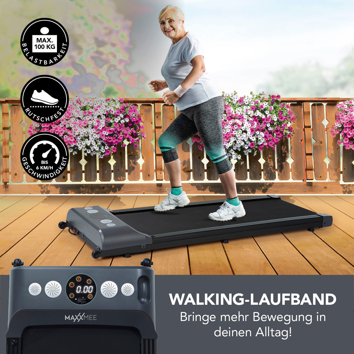 Laufband - 1-6km/h - Maximale Belastbarkeit von 100 kg, elektrisch, leicht, mit Display für Zeit, Geschwindigkeit, Kalorien und Distanz.