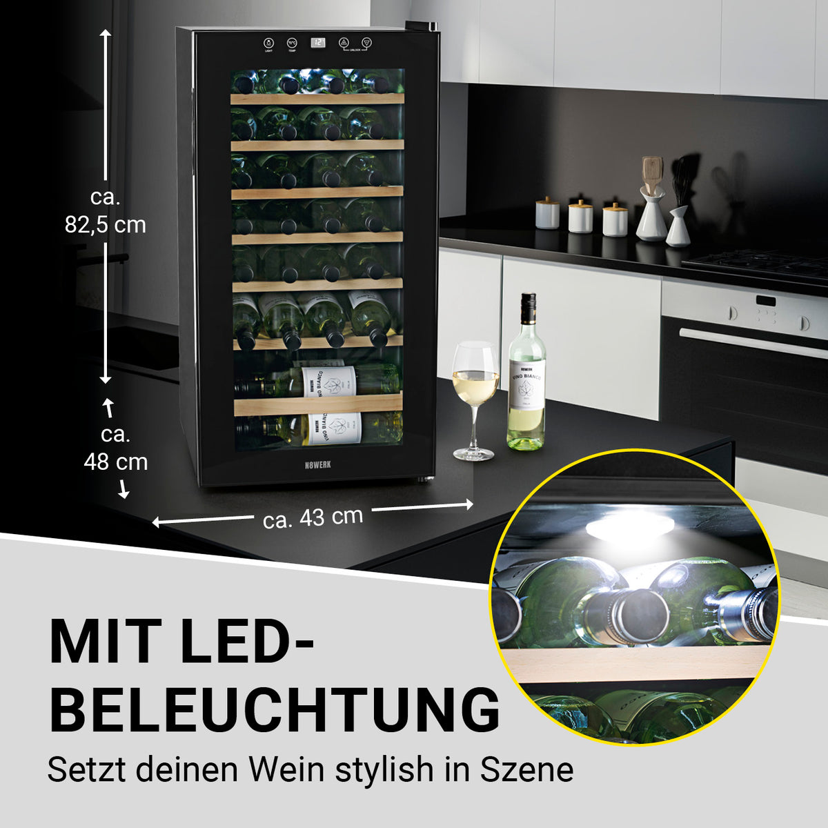 Weinkühlschrank - 28 Flaschen mit LED-Beleuchtung, freistehend, temperaturgeregelt von 4 °C bis 18 °C, geräuscharm und vibrationsfrei