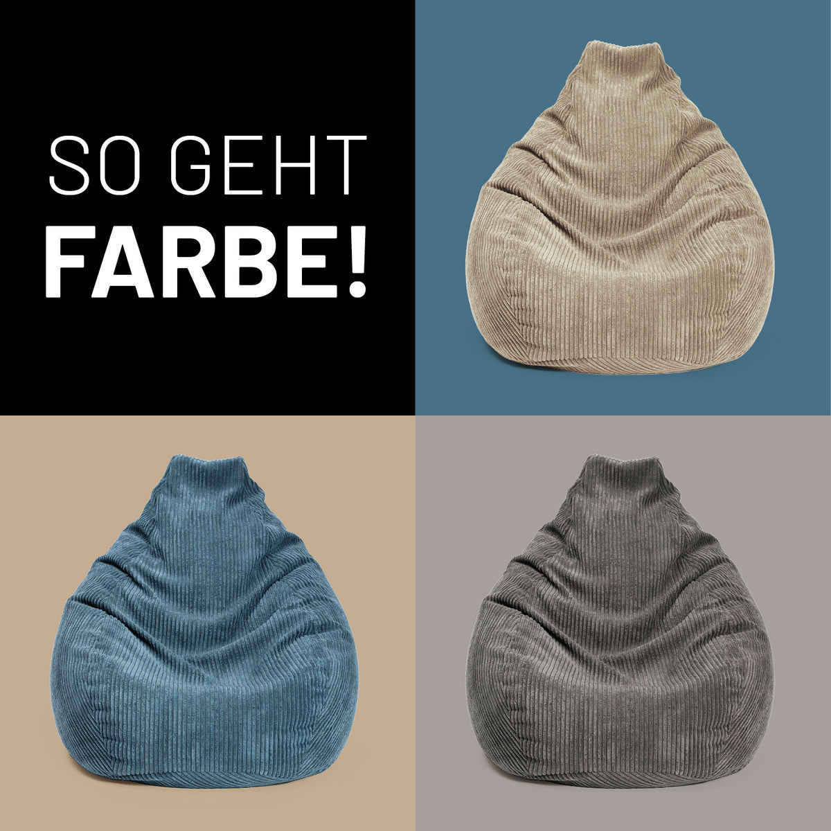 Sitzsack GIANT aus der Cord-Reihe - Grau in verschiedenen Farben und modernem, geripptem Vintage-Stoff.