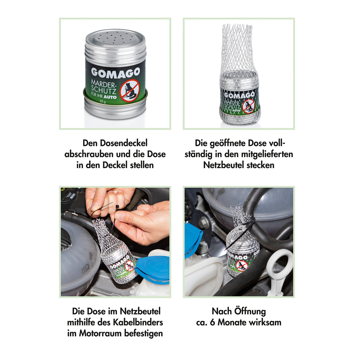 Mardervergrämung Auto mit Duftstoff zur Marderabwehr, einfach im Motorraum zu befestigen, ca. 6 Monate wirksam nach Öffnung.