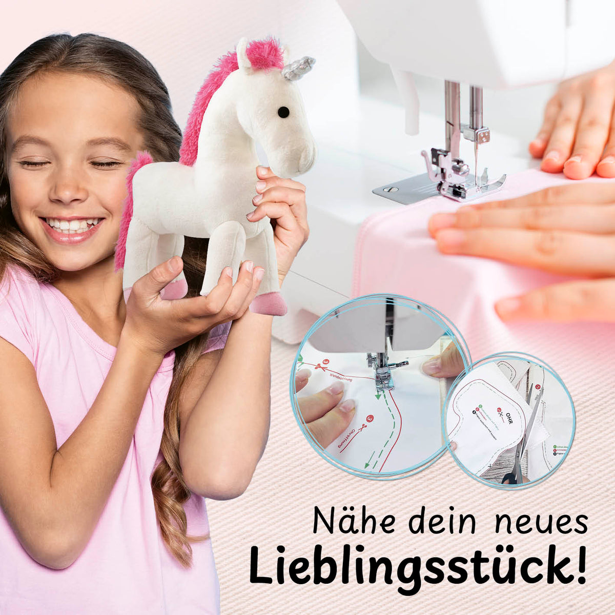 Näh-Baukastenset Motiv Einhorn Elly mit Anleitung, ideal für Kinder ab 5 Jahren zum spielerischen Nähenlernen mit Nähmaschine.