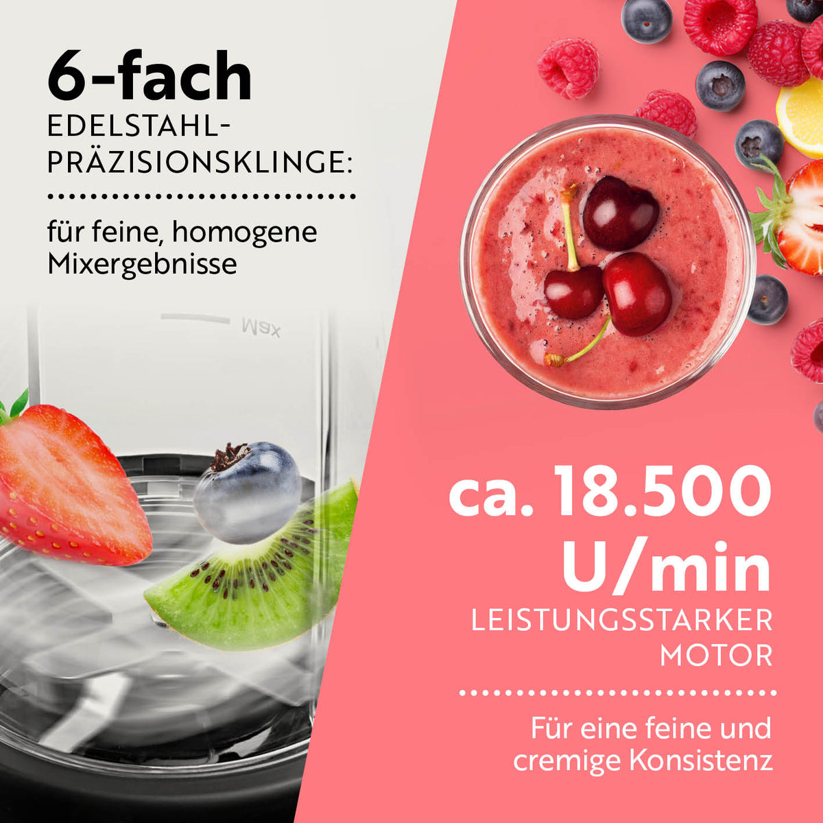Nutrition Mixer Pro 1.000 mit Basis-Set M Schwarz/Silber mit 6-fach Edelstahlklingen und 18.500 U/min starkem Motor für feine Mixresultate.