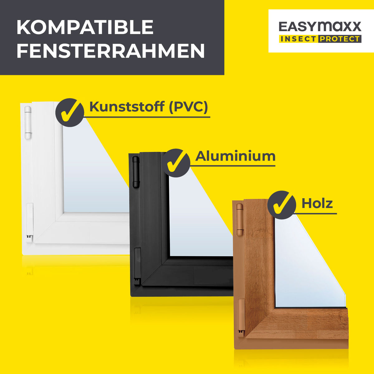 Insekten- & Pollenschutzgitter mit Magnetbefestigung - 4er-Set kompatibel mit Kunststoff, Aluminium und Holzfensterrahmen.