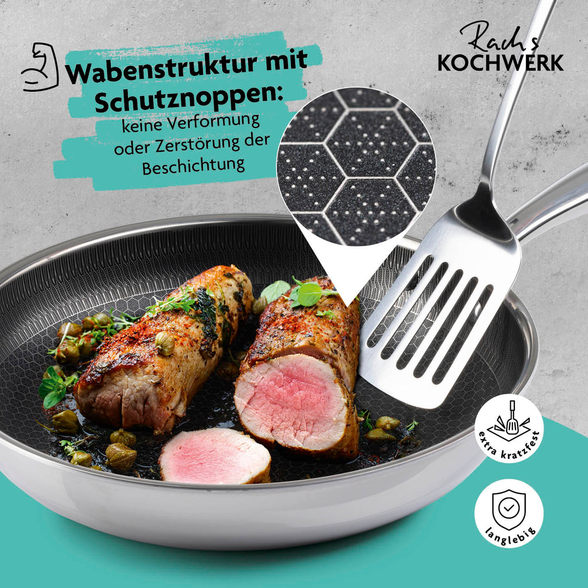 Edelstahl-Pfanne mit Wabenstruktur Ø 28 cm, kratzfest mit Schutznoppen für fettarmes Braten auf allen Herdarten.