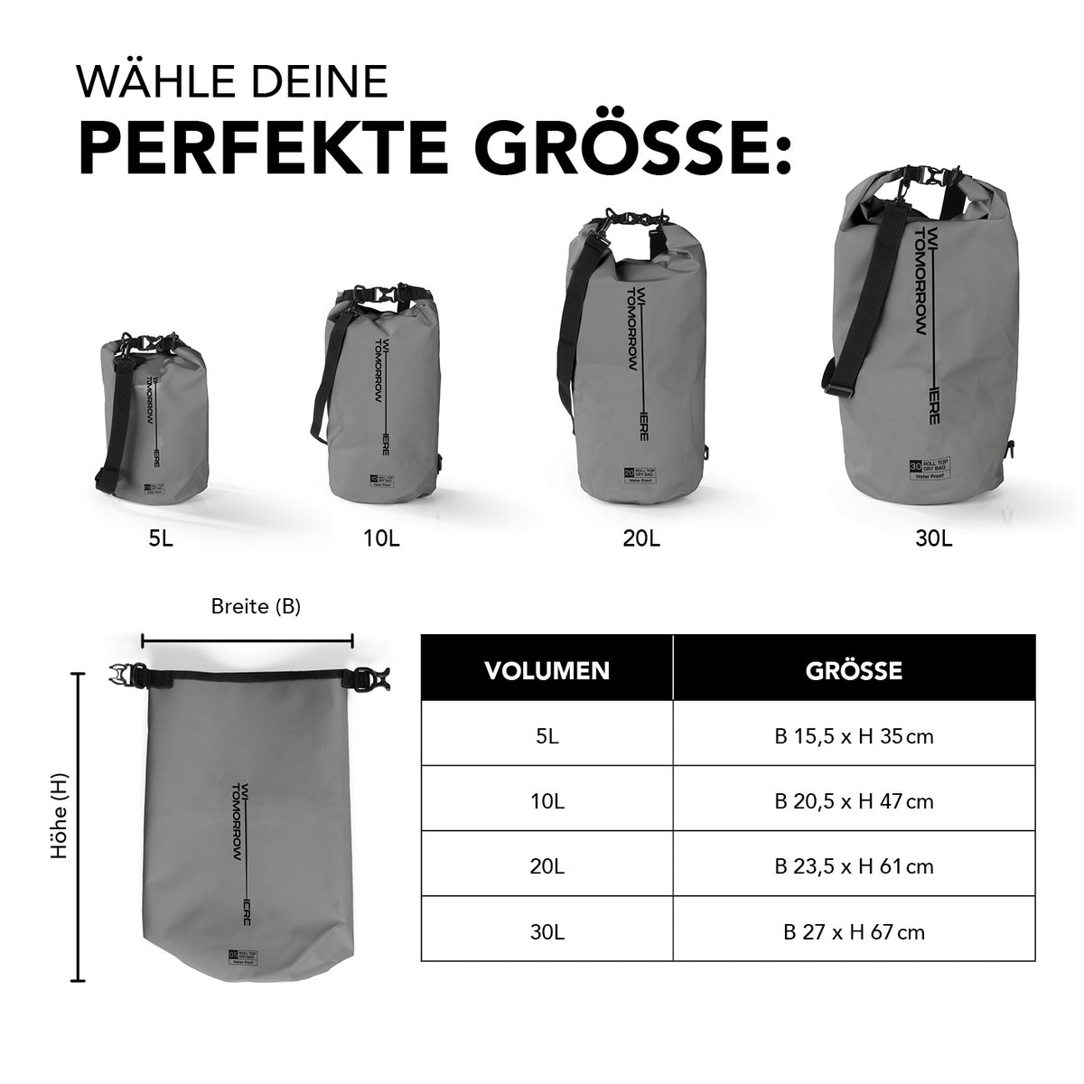 Dry Bag 20L - Style 02 - Grau, wasserdichter Outdoor-Rucksack mit Rolltop, verstellbarem Schultergurt und robustem Material.