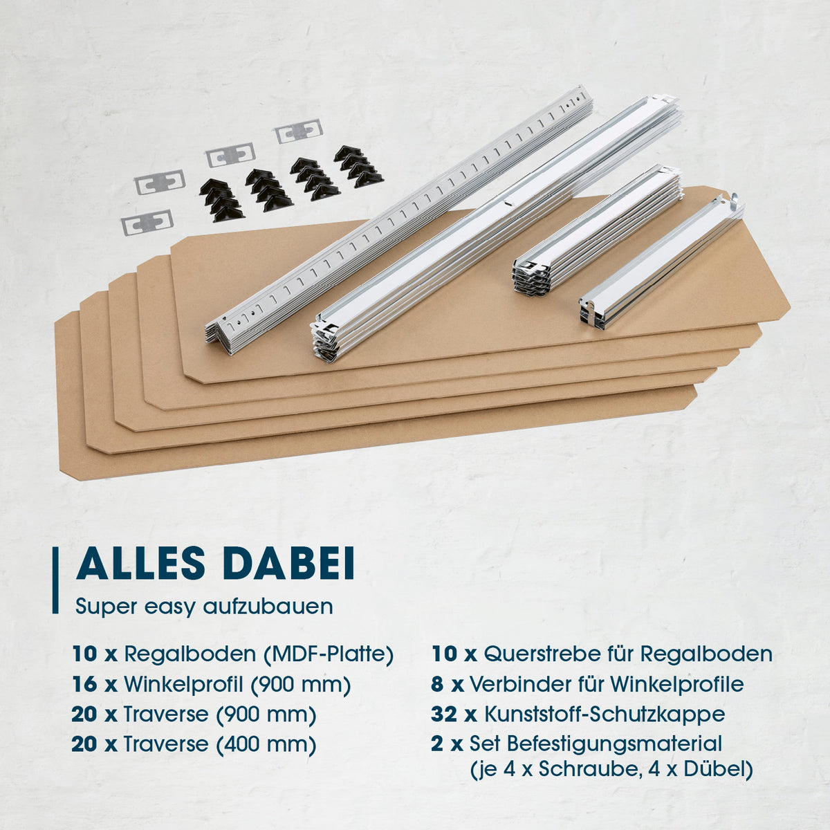 Schwerlastregal & Werkbank mit GS, Set mit MDF-Böden, Winkelprofilen und Kunststoffkappen, einfache Montage, bis 175 kg Belastung je Boden.