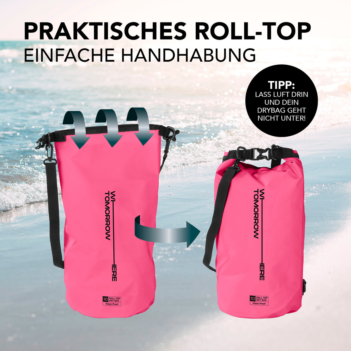 Dry Bag 10L - Style 02 - Pink, wasserdichter Outdoor-Rucksack mit praktischem Rolltop-Verschluss und verstellbarem Schultergurt.