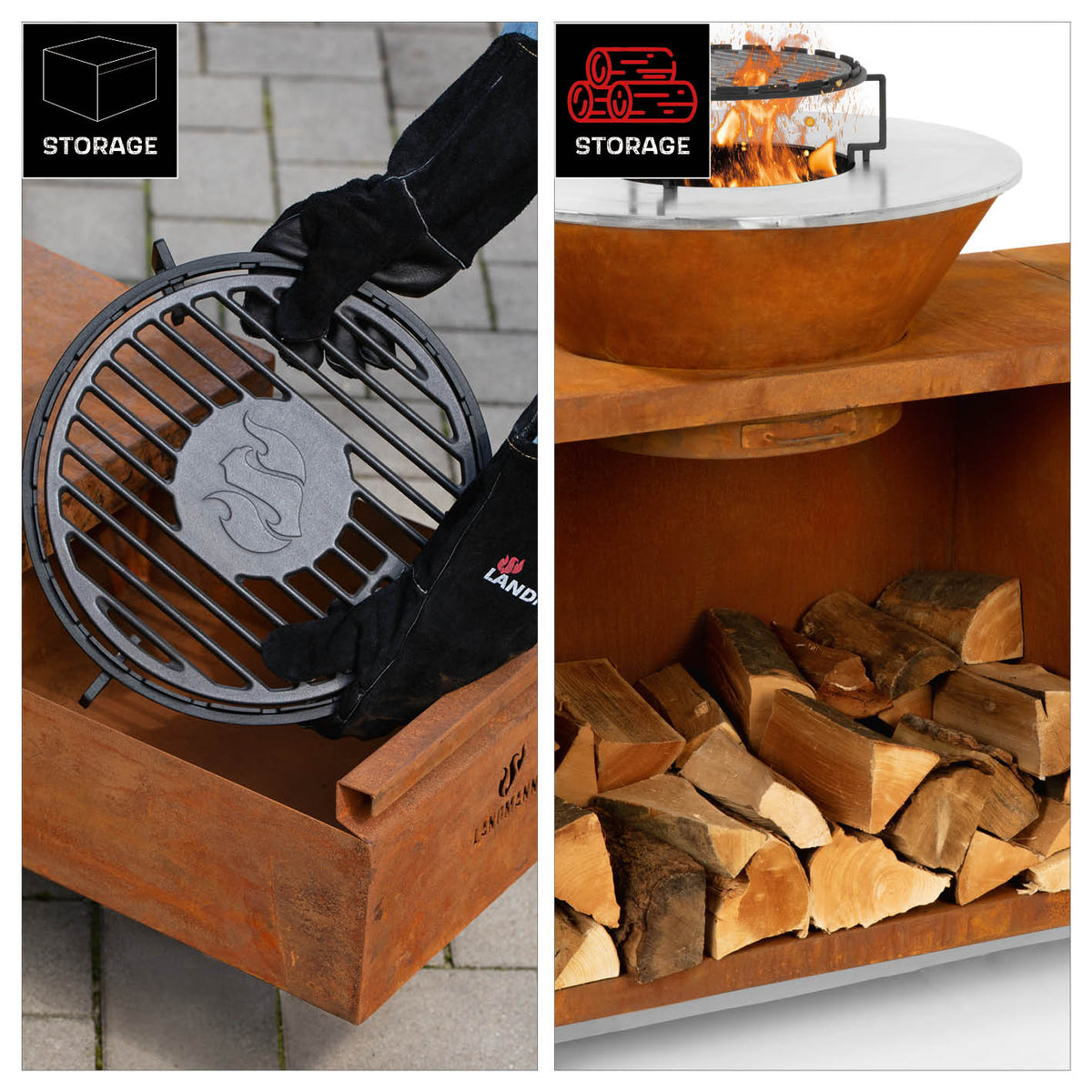 Feuerschalen-Wagen + Plancha-Grill KORREO mit Gusseisen-Grillrost und Holzlagerfach, Ø 70 cm, mobil und vielseitig nutzbar.