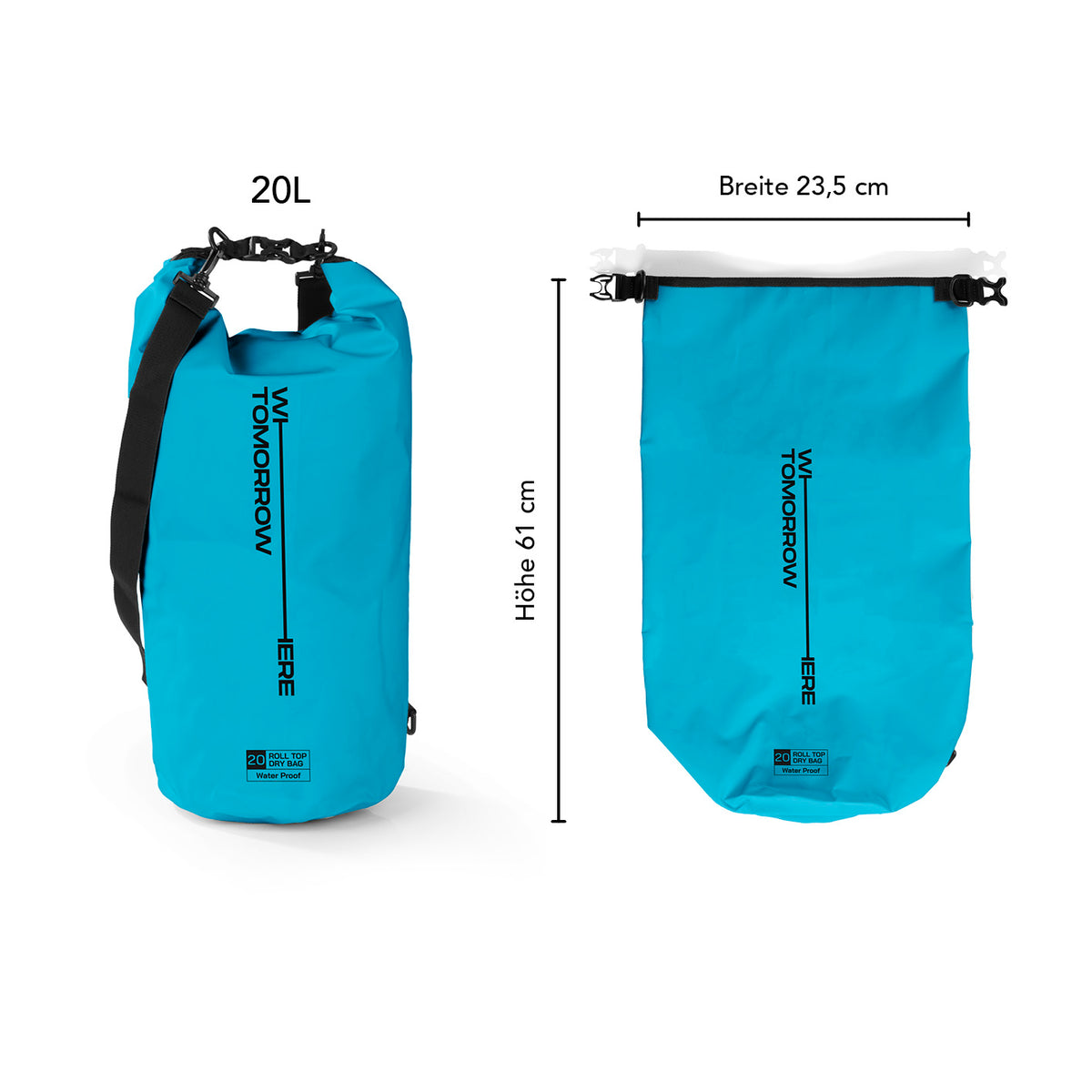 Dry Bag 20L - Style 02 - Himmelblau, wasserdichter Outdoor-Rucksack mit Rolltop, verstellbarem Schultergurt und robustem Verschluss.