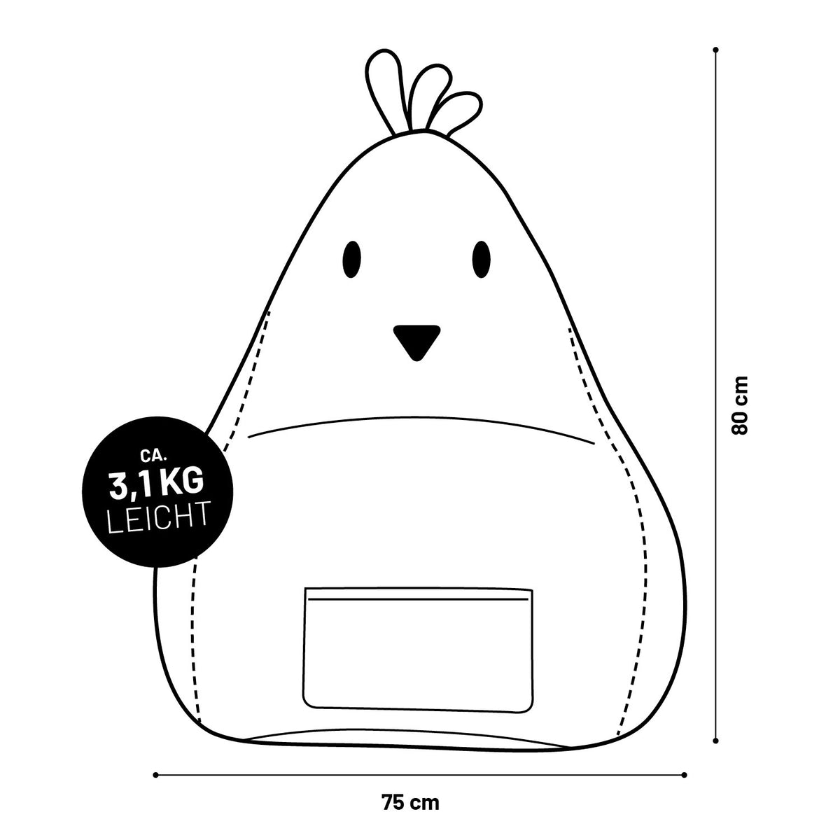 Kindersitzsack Animal Line Chick (200 L) in Stahlgrau, leicht, weich, wasserabweisend, für drinnen und draußen geeignet.