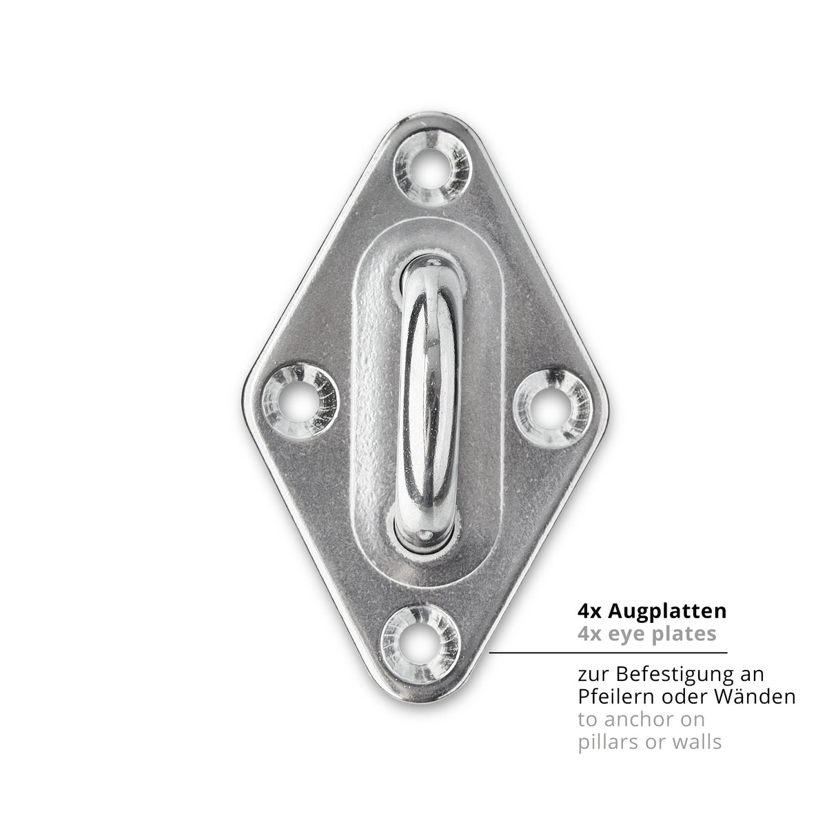 Befestigungsset - Fixierungsset für Sonnensegel aus rostfreiem Edelstahl mit 4 Augplatten zur sicheren Wand- oder Pfostenbefestigung.